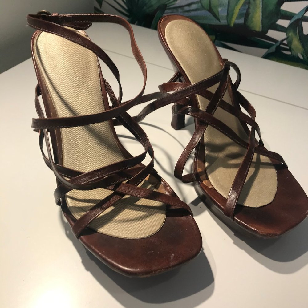 70s look-Vintage leather real wood sole heels